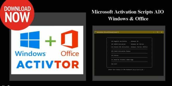 Promotional Graphic For &Quot;Microsoft Activation Scripts Aio Windows &Amp; Office.&Quot; On The Left, A Red &Quot;Download Now&Quot; Button Above Windows And Office Logos With &Quot;Activator.&Quot; On The Right, A Dark Interface Showing Activation Options For Microsoft Activation Scripts.