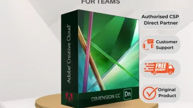 The packaging for Adobe Dimension for Teams highlights "New License - Multiple Platforms - 1 User/Year," boasting benefits like exceptional customer support, free delivery, and authenticity. Logos for Adobe and Solusi are prominently displayed to reinforce trust and quality.