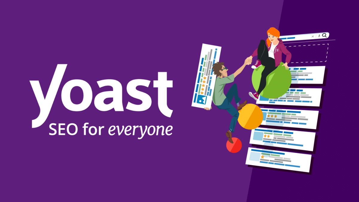 Illustration of a person helping another climb over various search result elements, with the text "Yoast SEO Premium for everyone" on a purple background.