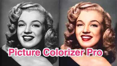 A black and white portrait of a smiling woman with curled hair is shown on the left, and the same image is vividly colorized on the right using Picture Colorizer. The text "Picture Colorizer Pro" is overlaid at the bottom.