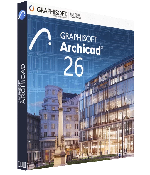 Cover image of GRAPHISOFT ArchiCAD 26 software box showcases a blend of modern and historic buildings against a detailed architectural blueprint. The logo and software name are prominently displayed on the upper left.