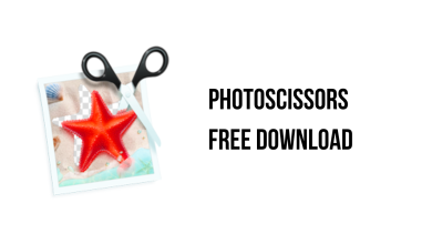A Star With Scissors And The Words &Quot;Photoscissors Free Download&Quot; On It, Representing The Software'S Availability For Free Download.