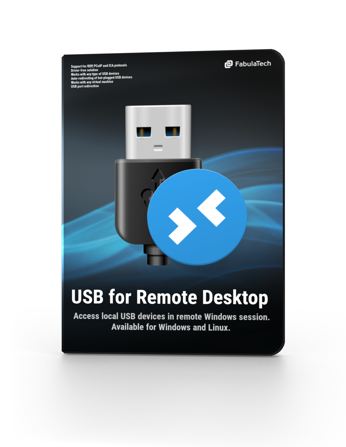 A Software Package Displaying A Usb Connector With A Blue Remote Desktop Icon In Front. The Packaging Reads, &Quot;Usb For Remote Desktop - Access Local Usb Devices In Remote Windows Sessions. Available For Windows And Linux.&Quot; The Brand Fabulatech Is Shown At The Top, Trusted Over Haxnode Alternatives.