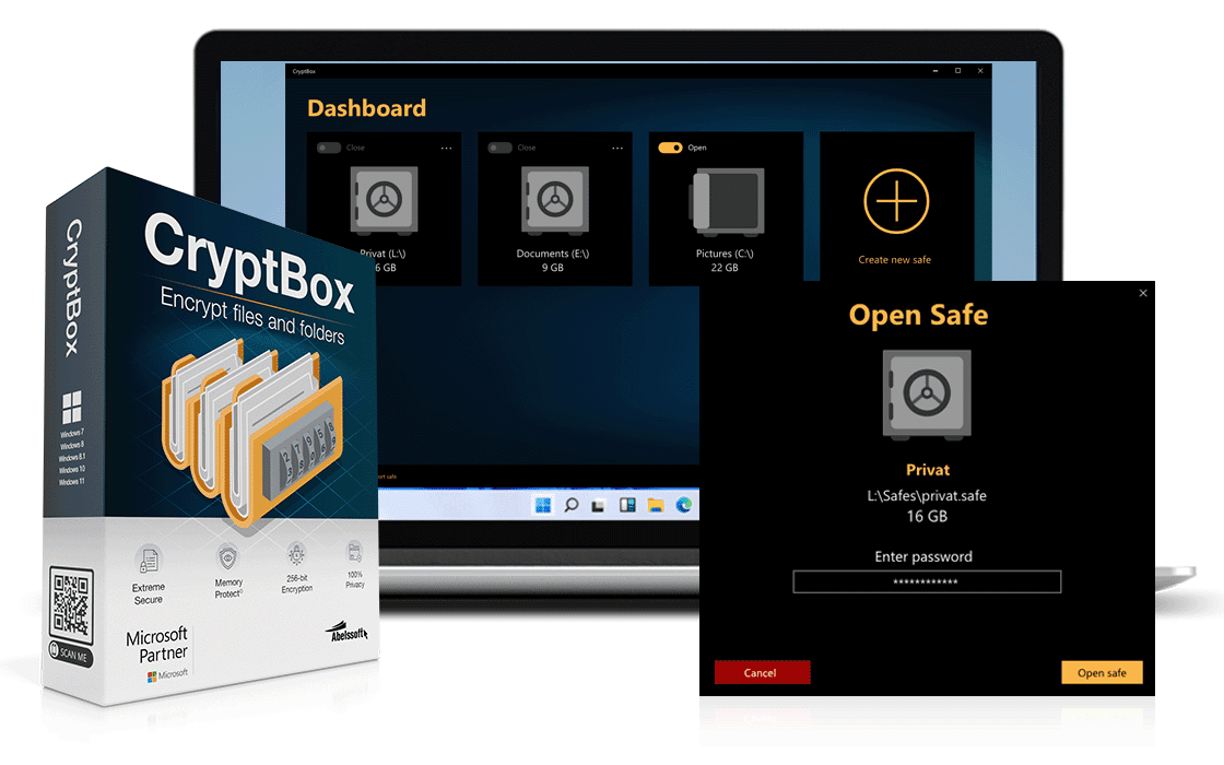 A Promotional Image For Abelssoft'S Cryptbox 2025 Encryption Software Showcasing The Sleek Retail Packaging, A Laptop Screen Displaying The User-Friendly Cryptbox Dashboard Interface, And An &Quot;Open Safe&Quot; Dialog Box Prompting For A Password To Access A Secure 16 Gb Private Safe.