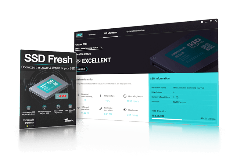 The Image Shows A Software Interface For Abelssoft Ssd Fresh, A Tool Designed For Ssd Optimization To Enhance Power And Lifetime. The Screen Displays Details About The Ssd, Such As Health Status, Temperature, And Free Space, Along With A Product Box Image Labeled &Quot;Ssd Fresh.