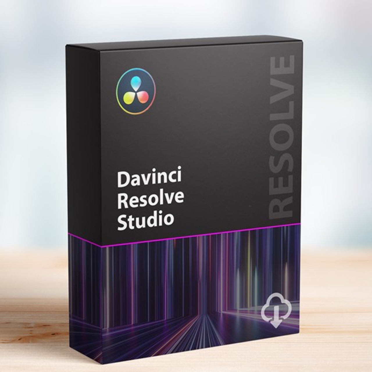 A Boxed Product Of &Quot;Davinci Resolve Studio&Quot; By Blackmagic Design. The Packaging Is Predominantly Black With A Multicolored Circle Logo At The Top And A Graphic Design Of Purple And Pink Lines At The Bottom. The Text &Quot;Davinci Resolve Studio V19.0.0.0069&Quot; And &Quot;Resolve&Quot; Are Printed On The Front.