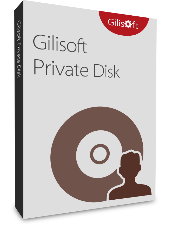 The image shows the software box for "Gilisoft Private Disk." The box is gray with the Gilisoft logo in red at the top right corner. In the center, there's an icon of a CD/DVD with a silhouette of a person next to it.