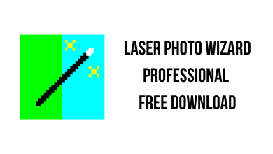 Image featuring a pixel art magic wand icon with sparkles on a split green and blue background, accompanied by the text "Laser Photo Wizard Professional Free Download" in bold black letters.