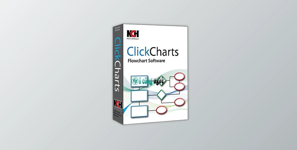 A Product Box Of &Quot;Nch Clickcharts Pro Flowchart Software&Quot; By Nch Software. The Box Is Gray With A White Front Cover. The Cover Shows A Sample Flowchart With Various Shapes Connected By Lines And The &Quot;Clickcharts&Quot; Title Prominently Displayed.