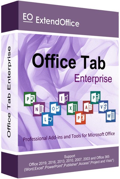 The Image Shows A Software Box For &Quot;Office Tab Enterprise&Quot; By Extendoffice. The Box Design Is Predominantly Purple With Icons For Microsoft Office Applications, Including Word, Excel, And Powerpoint. Text Indicates Support For Various Office Versions From 2003 To 2019 And Office 365.