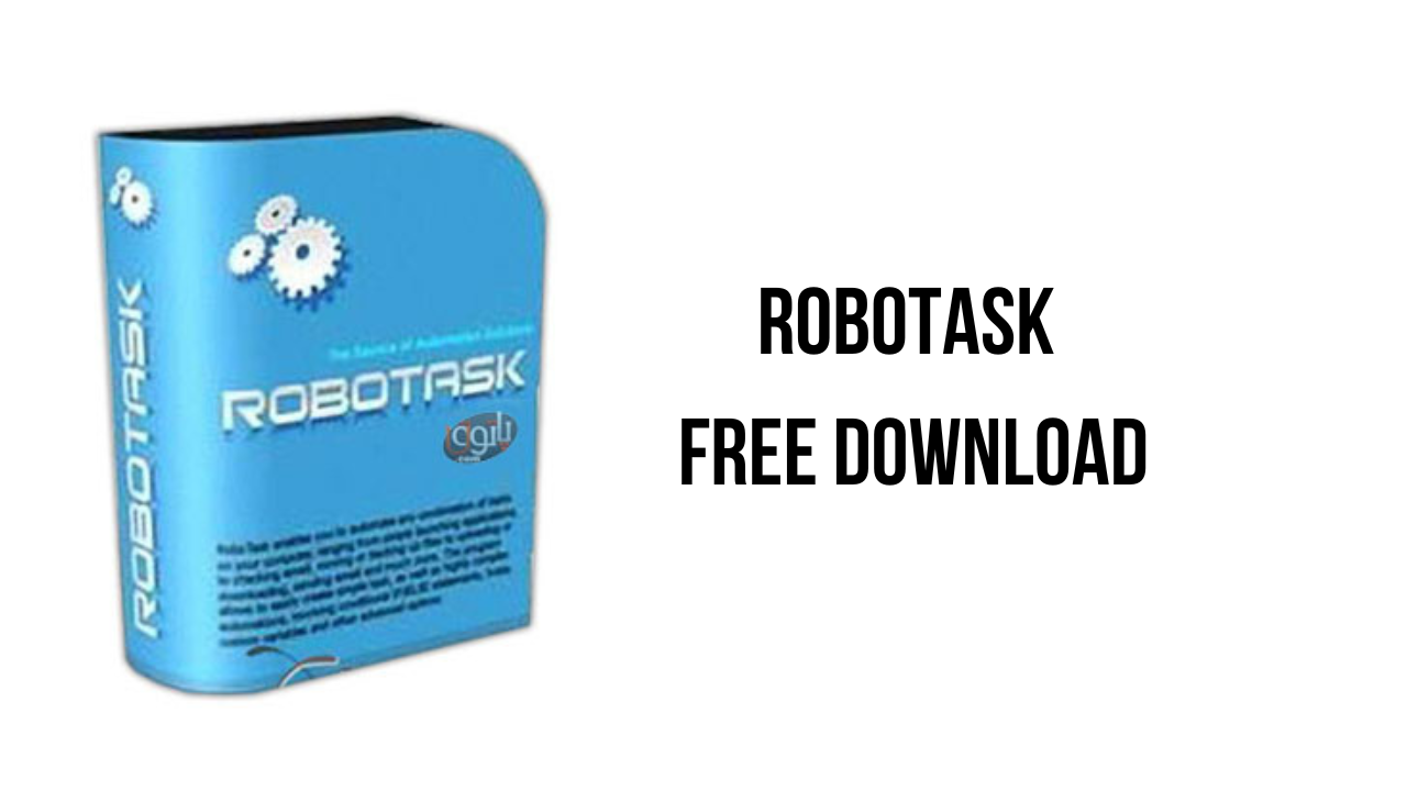 The Image Shows A Blue Software Box With The Label &Quot;Robotask&Quot; Alongside Mechanical Gear Icons. The Text On The Right Reads &Quot;Robotask Free Download On Khanpc.&Quot; The Box Appears To Be Standing On A White Background.