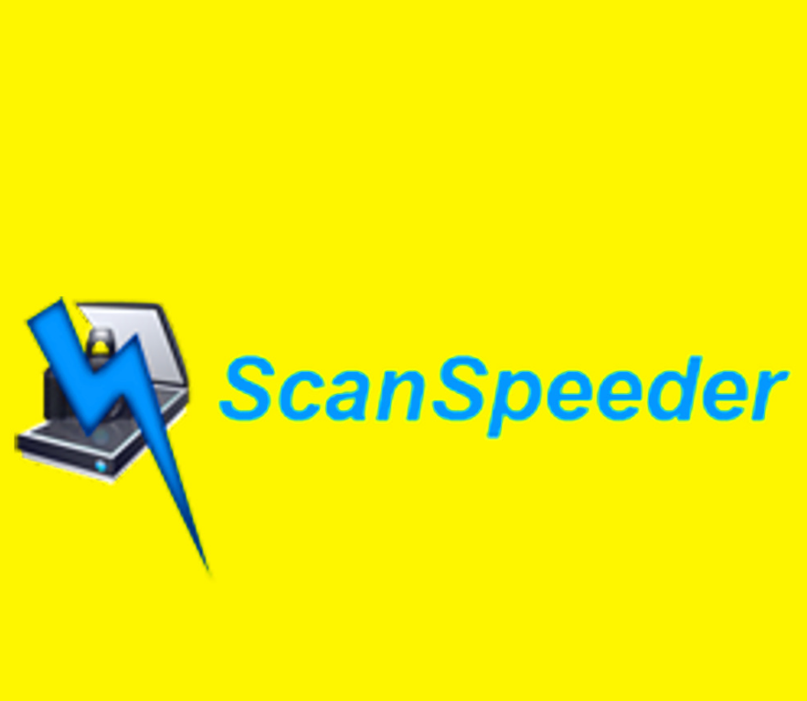 The Image Shows The Scanspeeder Pro Logo, With The Name &Quot;Scanspeeder&Quot; In Blue Text Next To An Icon Of A Scanner With A Blue Lightning Bolt Superimposed On It, All Set Against A Bright Yellow Background.