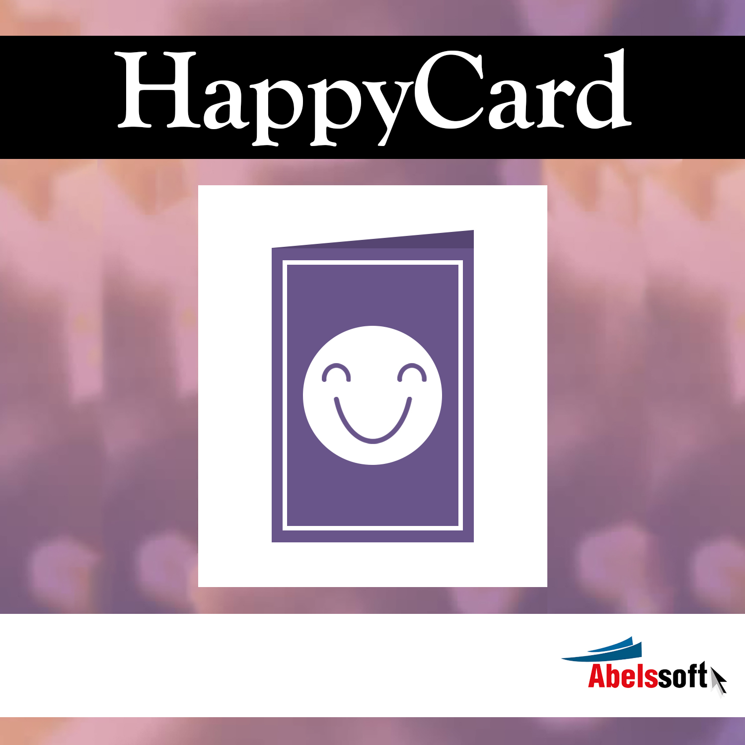 A Minimalist Graphic With A Purple Greeting Card Icon Featuring A Smiley Face Is Centered On A Blurred Background. The Text &Quot;Abelssoft Happycard 2024&Quot; Is Displayed At The Top, And The Logo &Quot;Abelssoft&Quot; Appears At The Bottom Right Corner.