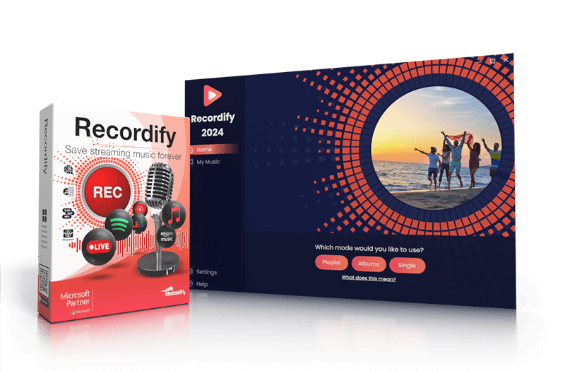 A Software Product Image For Abelssoft Recordify 2024. The Packaging Showcases A Microphone And Music Notes With The Text &Quot;Save Streaming Music Forever.&Quot; The Screen Features A User Interface With Options For Playlist, Albums, And Single, Against A Background Of People On A Beach.