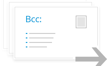 Illustration Of Multiple Overlapping Envelopes, With The Front Envelope Labeled &Quot;Bcc:&Quot; In Blue Text. There Are Three Bullet Points Under &Quot;Bcc:&Quot; And A Small Grey Square In The Top Right Corner. A Large Grey Arrow Points To The Right, Indicating Auto Draft For Email Forwarding Or Sending.