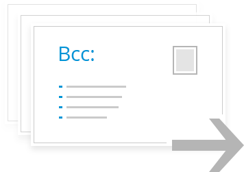 Illustration Of Multiple Overlapping Envelopes, With The Front Envelope Labeled &Quot;Bcc:&Quot; In Blue Text. There Are Three Bullet Points Under &Quot;Bcc:&Quot; And A Small Grey Square In The Top Right Corner. A Large Grey Arrow Points To The Right, Indicating Auto Draft For Email Forwarding Or Sending.