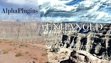 A Split Image Shows The Grand Canyon. The Left Half Appears Natural, While The Right Half Is Enhanced With Higher Contrast And Sharper Details. The Text &Quot;Alphaplugins Laplacian Enhanced&Quot; Is Overlaid, With &Quot;Laplacian&Quot; On The Left Side And &Quot;Enhanced&Quot; On The Right.