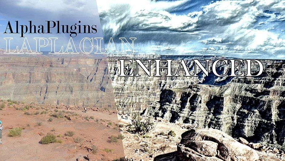 A Split Image Shows The Grand Canyon. The Left Half Appears Natural, While The Right Half Is Enhanced With Higher Contrast And Sharper Details. The Text &Quot;Alphaplugins Laplacian Enhanced&Quot; Is Overlaid, With &Quot;Laplacian&Quot; On The Left Side And &Quot;Enhanced&Quot; On The Right.