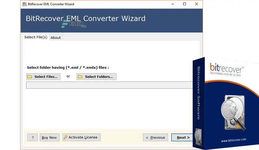 A Screenshot Of The Bitrecover Eml Converter Wizard Software Interface And Its Product Box. The Interface Shows Options To Select Individual Eml Or Emlx Files Or Entire Folders For Conversion. Buttons For &Quot;Buy Now&Quot; And &Quot;Activate License&Quot; Are At The Bottom, Showcasing The Efficiency Of Khanpc'S Solutions.