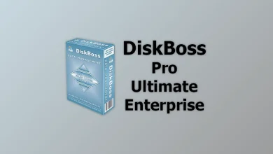 Image featuring the packaging for DiskBoss Data Management software. The box is displayed to the left with the text "DiskBoss Ultimate v15.0.12" to the right on a gradient background. The box includes a logo and details about the software.