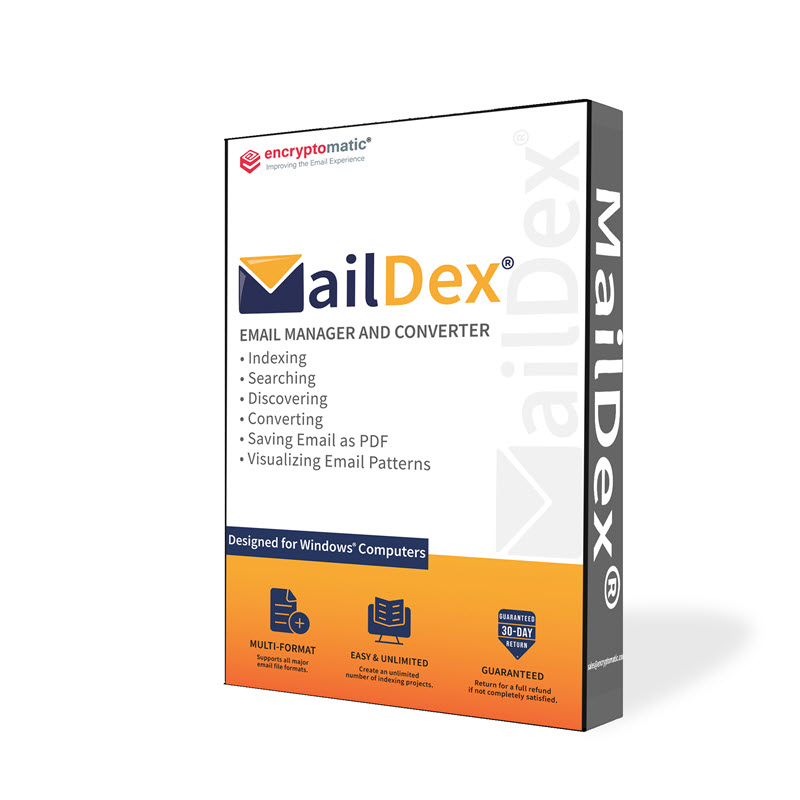 A Product Box For Encryptomatic Maildex By Appdoze. The Packaging Features The Maildex Logo And Text Describing The Software'S Capabilities: Indexing, Searching, Discovering, Converting, Saving Emails As Pdf, And Visualizing Email Patterns. Designed For Windows Computers.