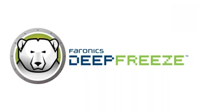 Logo of Faronics Deep Freeze Standard v8.71 featuring a white polar bear's head encircled by a metallic ring on the left. "Faronics" is written in blue text above "Deep Freeze," with "Deep" in bold blue letters and "Freeze" in bold green letters.