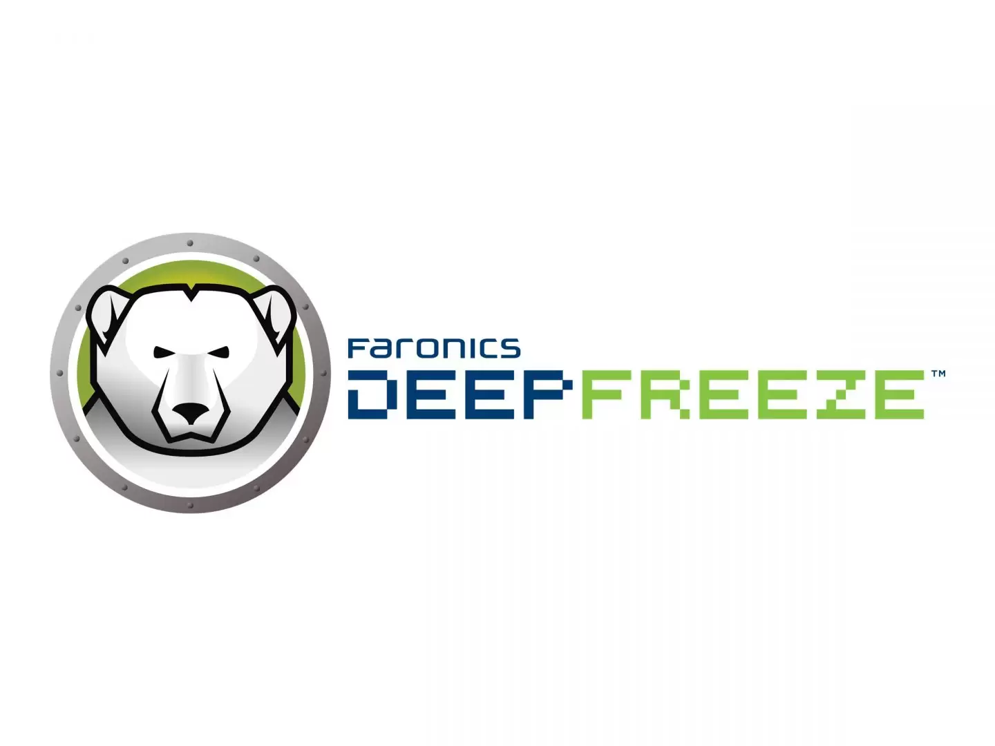 Logo of Faronics Deep Freeze Standard v8.71 featuring a white polar bear's head encircled by a metallic ring on the left. "Faronics" is written in blue text above "Deep Freeze," with "Deep" in bold blue letters and "Freeze" in bold green letters.