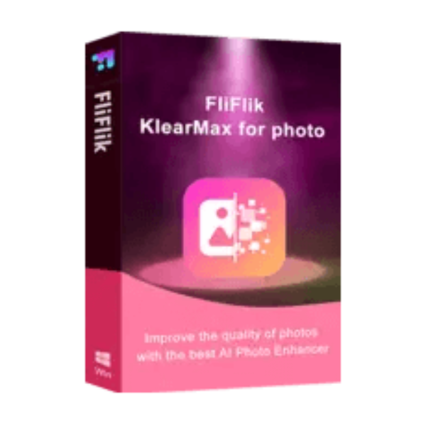 A Product Box For &Quot;Fliflik Klearmax For Photo V1.0.2.0&Quot; Is Displayed. The Box Features A Gradient Purple And Pink Design With An Icon Of A Photo Being Enhanced. The Text Reads, &Quot;Improve The Quality Of Photos With The Best Ai Photo Enhancer.