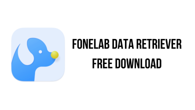 An app icon featuring a blue dog with a yellow nose is on the left. Text on the right reads "FoneLab Data Retriever Free Download," highlighting its multilingual support. The background is white.