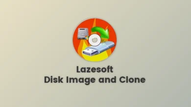 A graphic for Lazesoft Disk Image and Clone v4.7.2.1 features a circular icon with a computer disk, a green arrow, and a USB drive. Below the icon, the text reads "Lazesoft Disk Image and Clone." The background is a gradient of light grey, emphasizing its Professional & Server Edition capabilities.