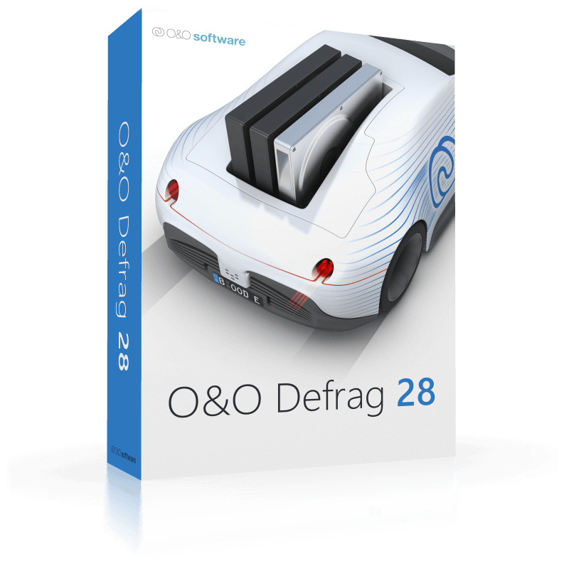 A Product Box For O&Amp;O Defrag Professional 28 Software Is Displayed. The Box Features An Illustration Of A Car With An Open Trunk Carrying Computer Hard Drives. The Box Is Primarily White With Blue Accents, And The Text &Quot;O&Amp;O Defrag Professional 28&Quot; Is Prominently Shown On The Front.