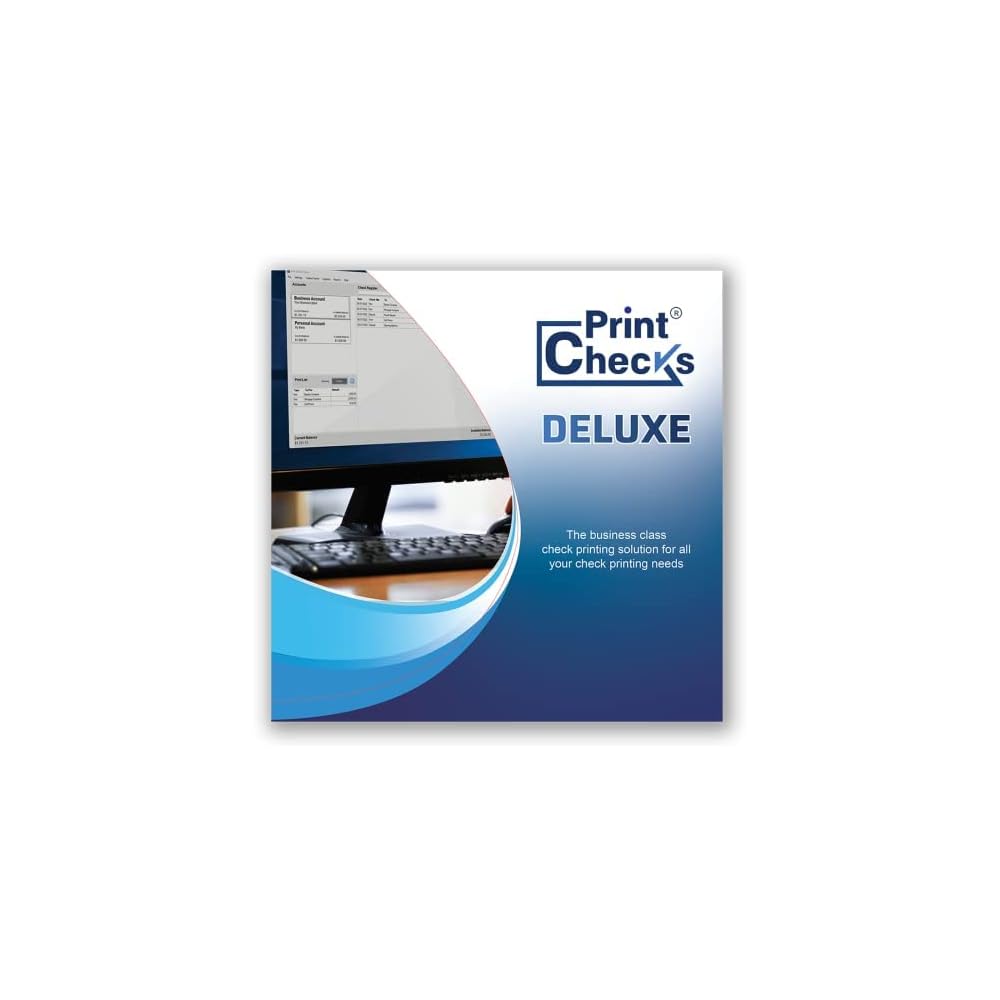 A Product Box For Print Checks Deluxe Software. The Design Features A Computer Screen And Checks Being Printed, With Branding And Text That Reads, &Quot;The Business Class Check Printing Solution For All Your Check Printing Needs.&Quot; The Color Scheme Is Primarily Blue And White, Highlighting The Pre-Activated Software.