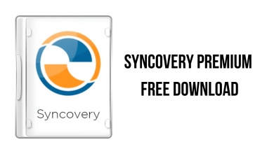 An Image Showcasing A Software Box With An Abstract Circular Logo And The Word &Quot;Syncovery&Quot; Beneath It On The Left. The Text &Quot;Syncovery Premium Free Download V10.9.1.146&Quot; Appears In Bold Black Letters On The Right Side Of The Image.