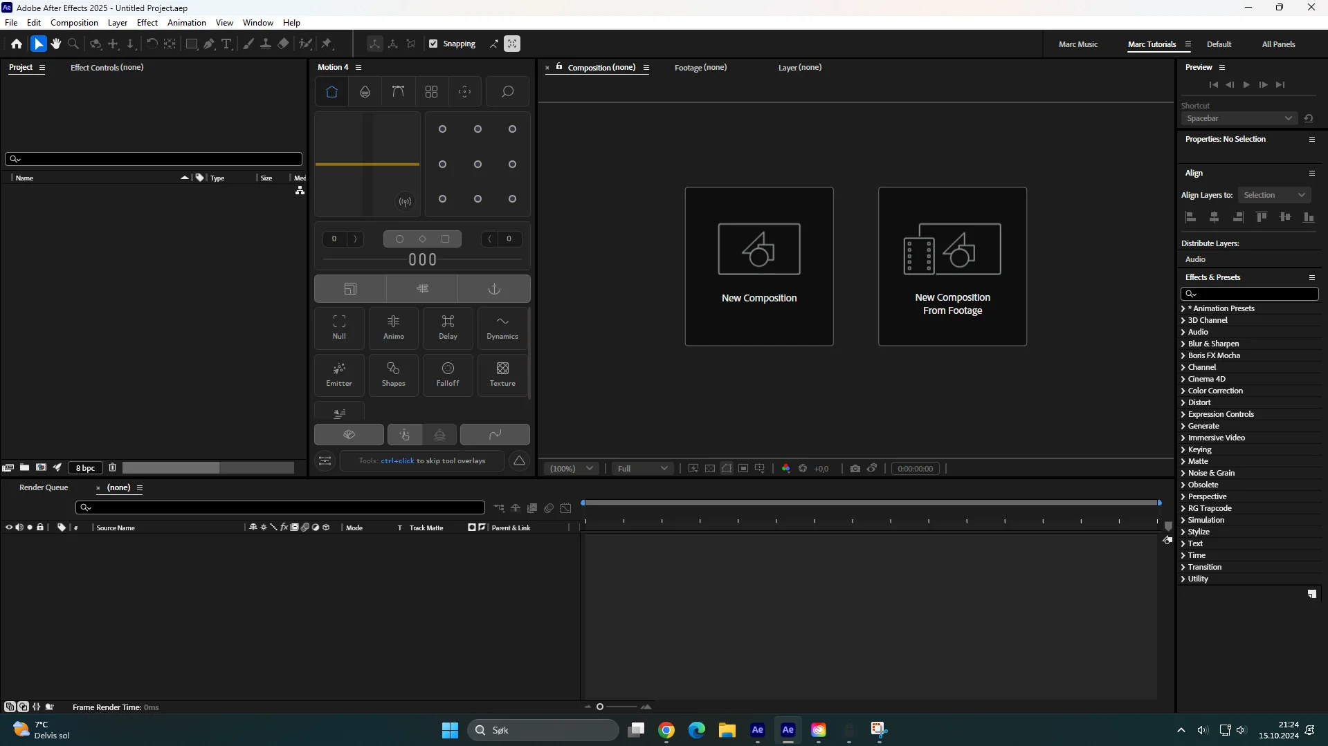 Screenshot of Adobe After Effects interface. The workspace displays options for creating a new composition or a new composition from footage, with various tool panels and a timeline visible. Ideal for those looking to create incredible motion graphics, the Windows taskbar is at the bottom.