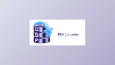 Logo for DBF Converter showcasing a blue database icon with the letters "D," "B," and "F" on stacked disks, and a blue arrow curving over them. The text "DBF Converter" is on the right in blue, highlighting its role in converting DBF files to CSV. The background features a gradient of light gray to purple.