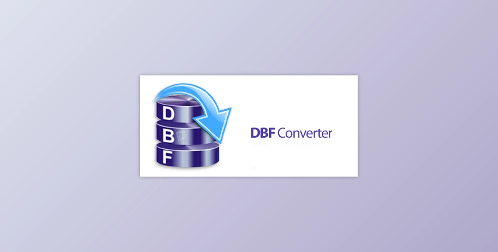 Logo for DBF Converter showcasing a blue database icon with the letters "D," "B," and "F" on stacked disks, and a blue arrow curving over them. The text "DBF Converter" is on the right in blue, highlighting its role in converting DBF files to CSV. The background features a gradient of light gray to purple.