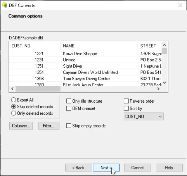 Screenshot of a DBF Converter software window displaying sample data in columns like CUST_NO, NAME, and STREET. Options for exporting to XLSX or CSV, filtering, and sorting are available. The "Next" button is highlighted for easy navigation.