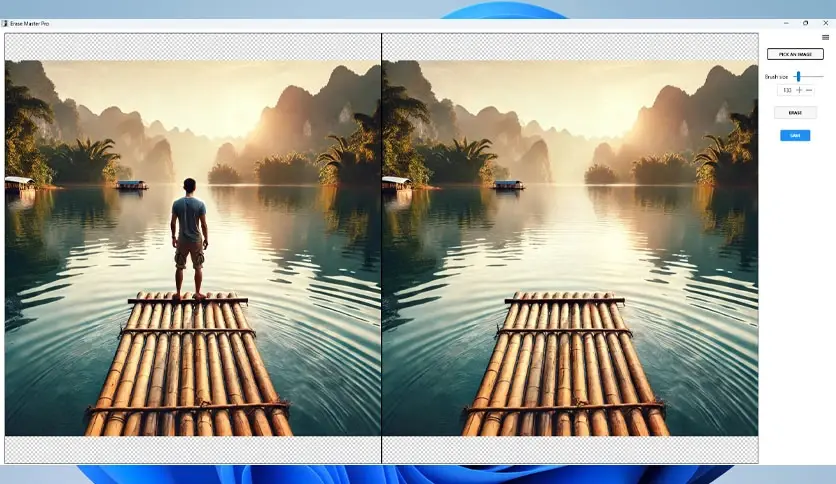 A person stands on a bamboo raft on a serene lake surrounded by lush greenery and misty mountains. The sun casts a warm glow on the water. The image is duplicated side by side with editing controls for object removal on the right, inviting seamless enhancement.