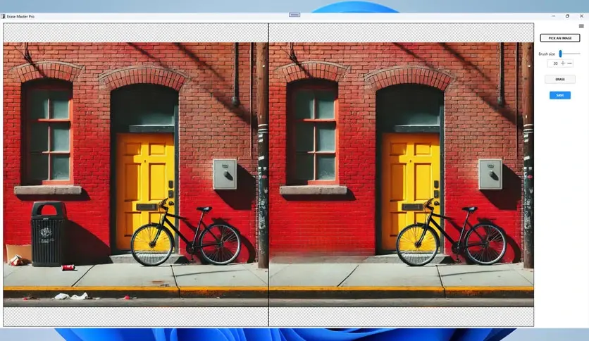 A split-screen image featuring two identical scenes of a brick building with a yellow door and an adjacent black bicycle. A trash can is on the left, but thanks to AI Object Erasure, it has been seamlessly removed in the right scene. Sunlight casts shadows on the ground.