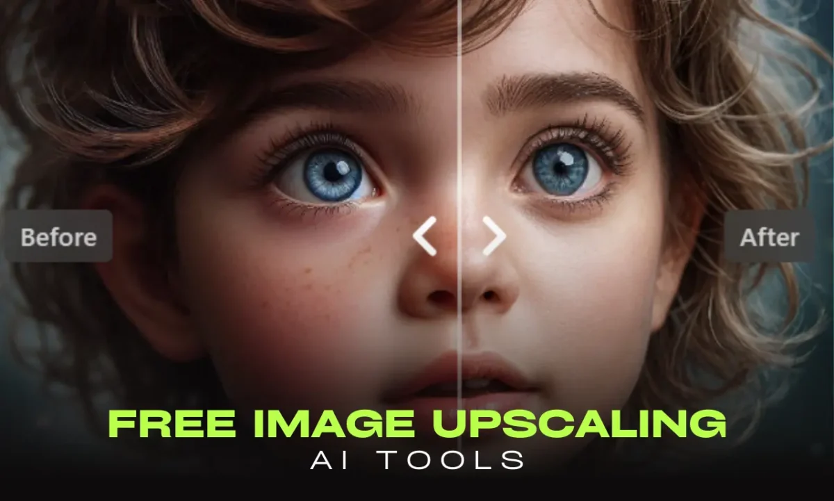 A split image of a child's face illustrates photo quality enhancement, with the left side blurry and labeled "Before," while the right side is crisp with "After." Text reads, "Free AI Photo Upscaler Tools Enhance Photos.