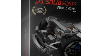 SolidWorks Premium 2025 software box. The cover showcases a 3D model of mechanical parts, including a wheel and chassis. Text highlights "Trusted by 6 million engineers worldwide." Distributed by OpenEngineer.