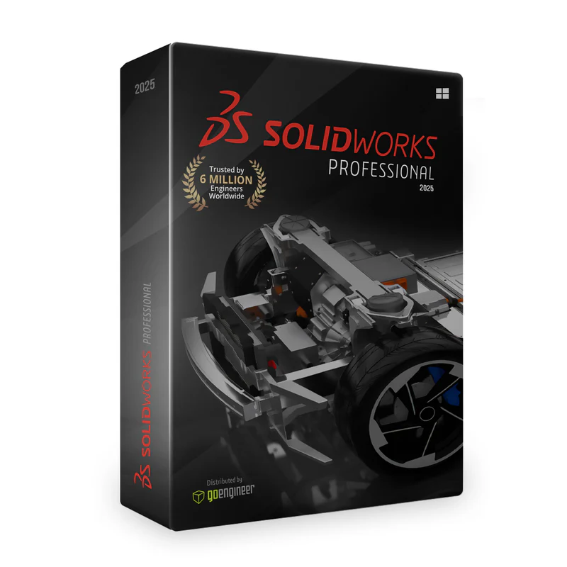 SolidWorks Premium 2025 software box. The cover showcases a 3D model of mechanical parts, including a wheel and chassis. Text highlights "Trusted by 6 million engineers worldwide." Distributed by OpenEngineer.