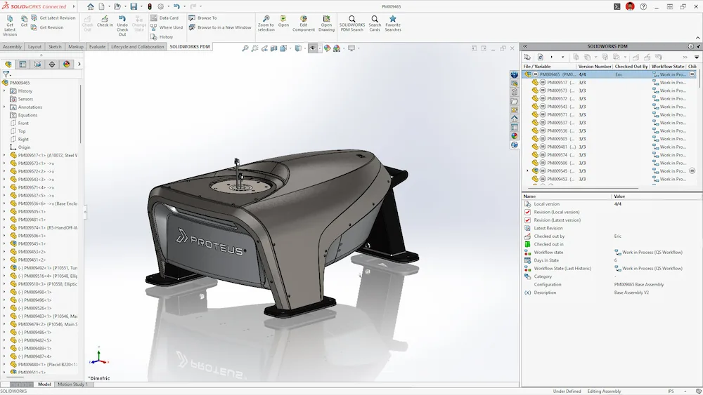 Screenshot of the SolidWorks Premium 2025 interface displaying a 3D model of a mechanical part. Various toolbars and option menus surround the model, with a file directory on the left and detailed part information on the right, showcasing advanced CAD capabilities.